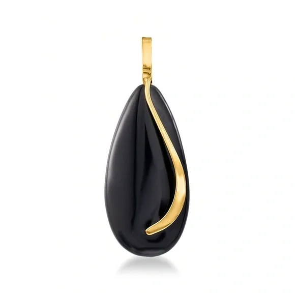 Ross Simons 14K Gold and Onyx Almond Sweep Teardrop Pendant NWT - Picture 1 of 9